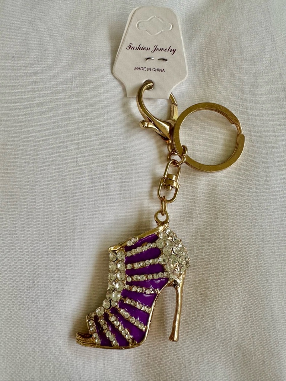 Gold-tone Rhinestone Purple High Heel Keychain - Fashion Jewelry